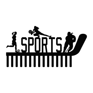 Metal wall art featuring the word 'SPORTS' with silhouettes of female soccer, volleyball, and hockey players. Includes 15 hooks for medals. Painted black steel.